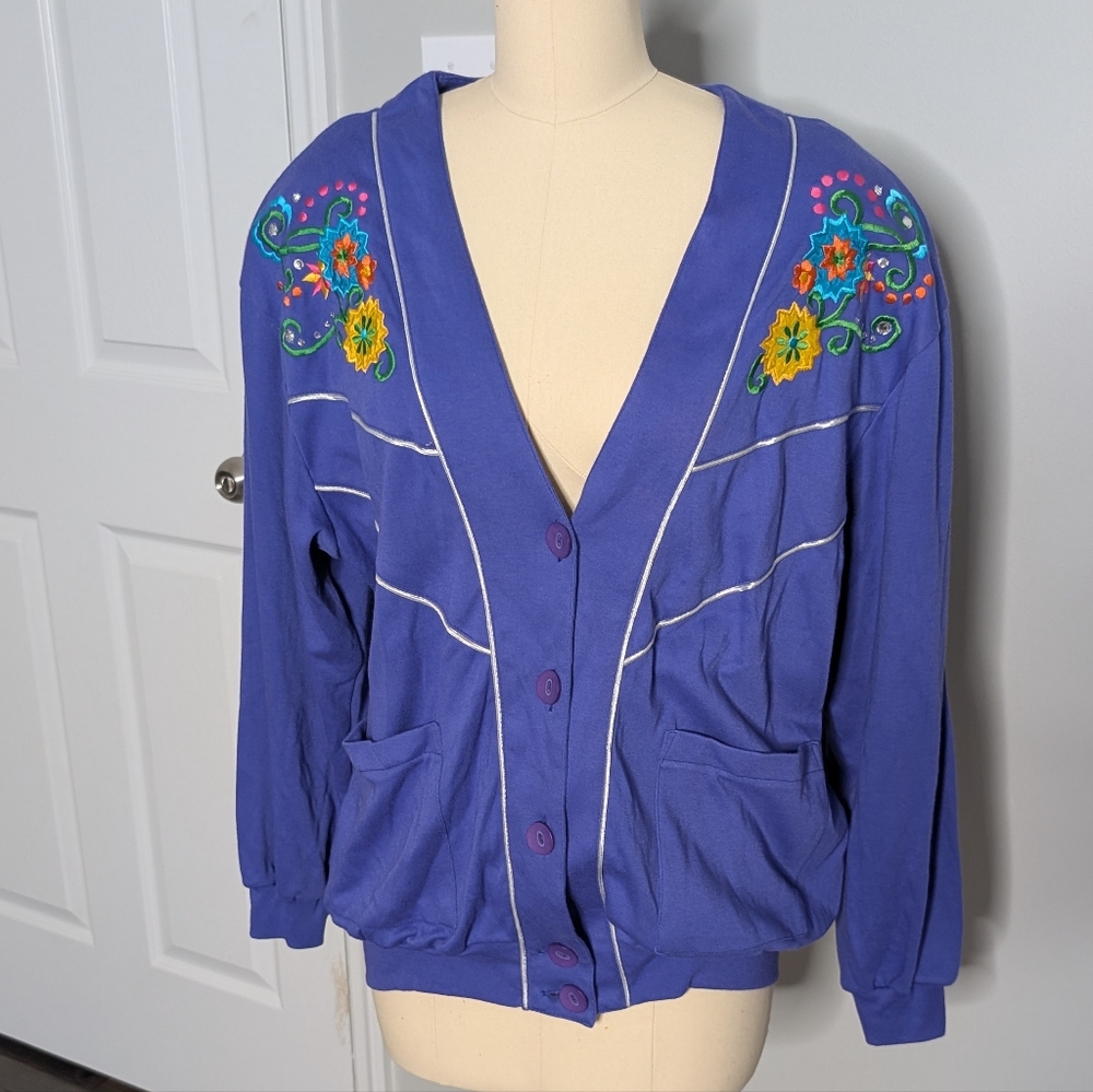 Teddi Embroidered Purple Cardigan Grandmacore Mardi Gras‎ Size Medium